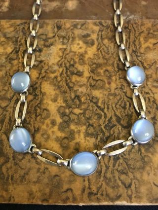 Vintage Sterling Silver and Glass Cabochon Blue Moonstone Necklace 15.  5” Long 2