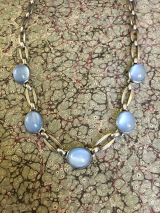 Vintage Sterling Silver and Glass Cabochon Blue Moonstone Necklace 15.  5” Long 5