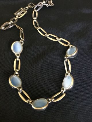 Vintage Sterling Silver and Glass Cabochon Blue Moonstone Necklace 15.  5” Long 7
