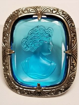 Vintage Art Deco Czech Aqua Blue Molded Glass Intaglio Cameo Silver Pin Brooch
