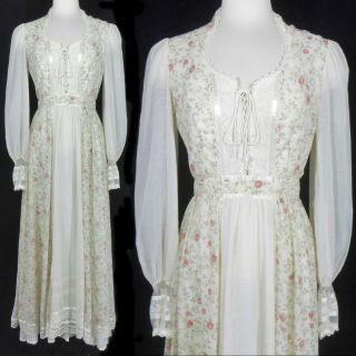 Vtg 70s Gunne Sax Gauzy Floral Corset Lace Victorian Boho Prairie Dress S M