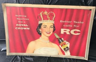 Vintage Royal Crown Cola Sign 38” X 26” Cardboard Advertising 1940s Queen Rare