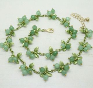 Vintage Style Green Agate Stone & Enamel Berry Drop Necklace Jewellery