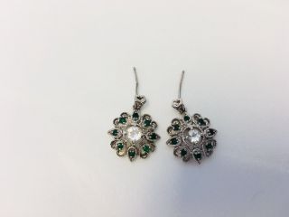 Vintage Art Deco Sterling Silver White Green Topaz Filigree Dangle Earrings