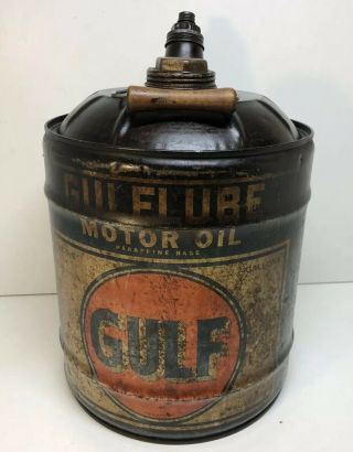 Vintage Gulf Motor Oil Can 5 Gallon 1950s Orange Disc Logo Advertising Gulflube