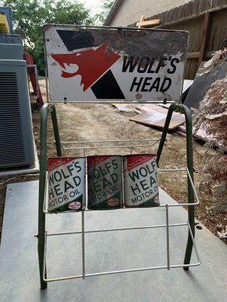 Vintage Wolf’s Head Motor Oil Can Island Display Rack