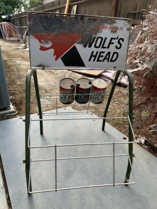 Vintage Wolf’s Head Motor Oil Can Island Display Rack 7