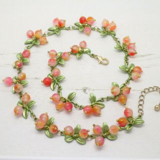 Vintage Style Agate Stone Bead / Orange Blossom Berry / Enamel Necklace