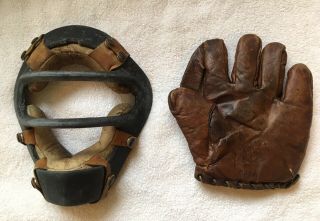 Antique Old Vintage Pennant Horse Hide Baseball Glove & Catchers Mask -