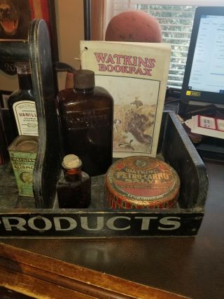 Very Rare 1900s WATKINS SPICES Wooden Salesman Sample Carrying Tote & Tins 2