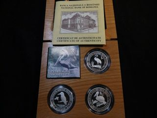 C276 Romania 2003 Silver 50 Lei Danube Delta 3 Coin Proof Set W/ Box & Rare