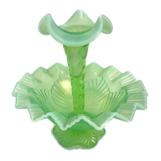 Vintage Fenton Key Lime Green Opalescent Art Glass Epergne Set Single Horn Lily