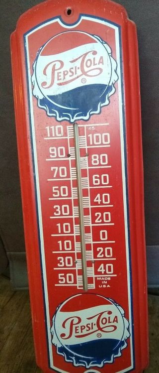 Vintage Red Pepsi Cola Thermometer 27 " X 8 " Metal Soda Pop Sign