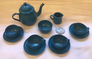 Antique Vintage Blue Graniteware Enamelware Child’s Miniature Tea Set - 12 Piece