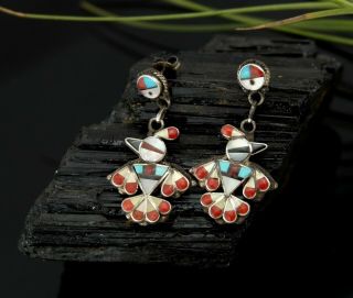 Vtg Sterling Silver Old Zuni Inlaid Turquoise Coral Thunderbird Stud Earrings
