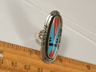 Vintage Sterling Silver Native American Zuni Turquoise Red Coral Ring Size 8