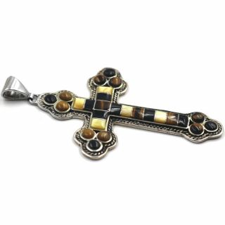 Vintage Sterling Tiger ' s Eye Inlay Cross by Kelly Charveaux 2