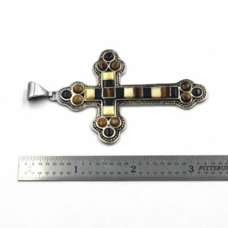 Vintage Sterling Tiger ' s Eye Inlay Cross by Kelly Charveaux 3