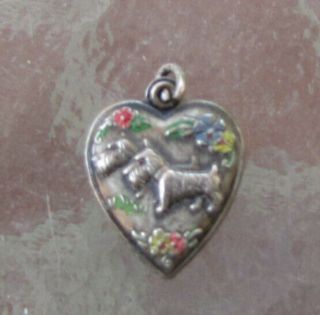 Vintage 1940’s Sterling Silver & Enamel Puffy Heart Scotty Dog & Flowers Charm