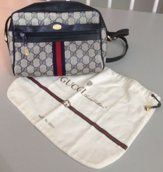Vintage Gucci Web Camera Bag With Shoulder Strap.  Navy.  Needs A Little Tlc