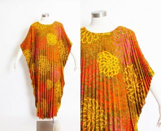 Vintage 1970s Caftan Orange Floral Pleated Maxi Dress 70s Osfm