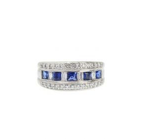 Antique Art Deco Blue Sapphire & White Diamond Vintage Engagement Band Ring