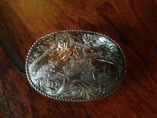 Vtg - Western Crumrine Belt Buckle - 22k Gold On Sterling Silver - Santa Ana Calif