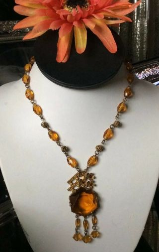 Antique Art Deco Citrine Glass Pendant Necklace 17”