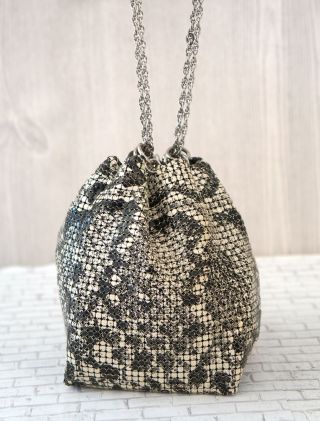 Whiting And Davis Vintage Black Ivory Snake Print Mesh Metal Small Wristlet Bag