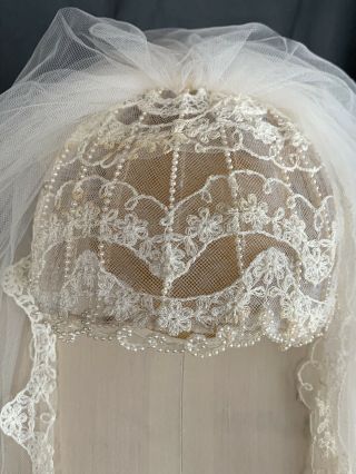 Vintage Bridal Veil Wedding Juliet Cap Grace Kelly Style Tulle Tiered Lace Pearl