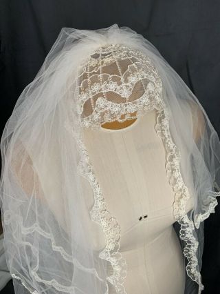 VINTAGE Bridal Veil Wedding Juliet Cap Grace Kelly Style Tulle Tiered Lace Pearl 2