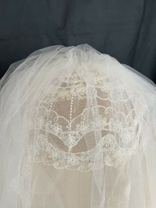 VINTAGE Bridal Veil Wedding Juliet Cap Grace Kelly Style Tulle Tiered Lace Pearl 3
