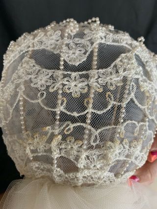 VINTAGE Bridal Veil Wedding Juliet Cap Grace Kelly Style Tulle Tiered Lace Pearl 4