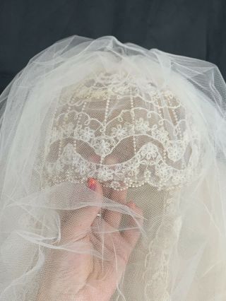 VINTAGE Bridal Veil Wedding Juliet Cap Grace Kelly Style Tulle Tiered Lace Pearl 5