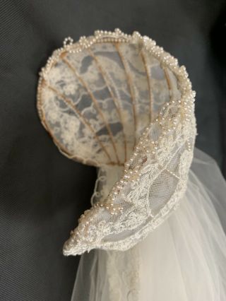 VINTAGE Bridal Veil Wedding Juliet Cap Grace Kelly Style Tulle Tiered Lace Pearl 6