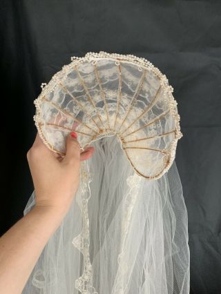 VINTAGE Bridal Veil Wedding Juliet Cap Grace Kelly Style Tulle Tiered Lace Pearl 7