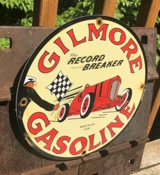 VINTAGE GILMORE GASOLINE PORCELAIN SIGN GAS STATION PUMP PLATE MOTOR OIL RECORD 2