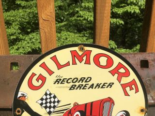 VINTAGE GILMORE GASOLINE PORCELAIN SIGN GAS STATION PUMP PLATE MOTOR OIL RECORD 4