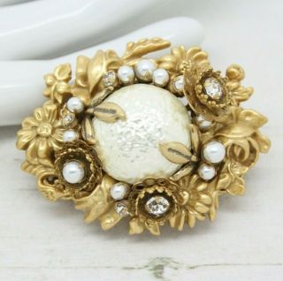 Vintage Signed Miriam Haskell Gilt Baroque Pearl & Rhinestone Flower Brooch Pin