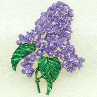 Vintage Lilac Flower Brooch Pin Purple Enamel Gold Tone Costume Jewelry
