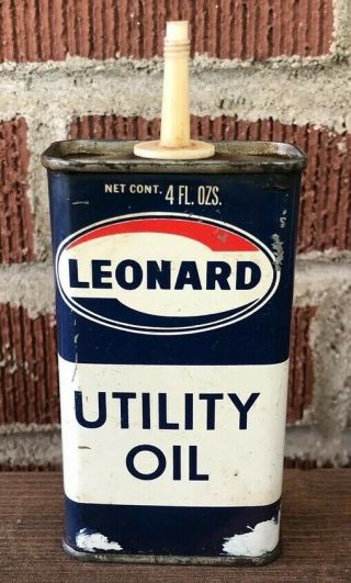 Vtg Leonard Oil Handy Oiler 4oz Utility Oil Can Tin Rare Alma Michigan Empty
