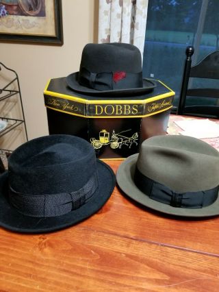 3 Vintage Fedora Hats Black Dobbs W Box Feel The Felt Champ Mallory Torino 7 1/4
