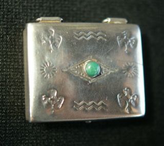 Vintage Navajo Sterling Silver & Turquoise Stampwork Pill Box W/ Thunderbirds