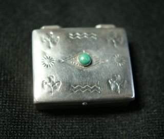 Vintage Navajo Sterling Silver & Turquoise Stampwork Pill Box W/ Thunderbirds 2