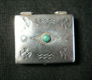Vintage Navajo Sterling Silver & Turquoise Stampwork Pill Box W/ Thunderbirds 3