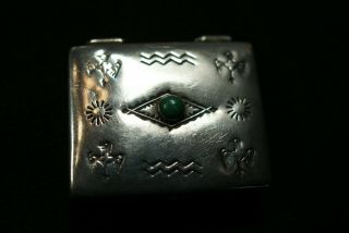 Vintage Navajo Sterling Silver & Turquoise Stampwork Pill Box W/ Thunderbirds 6