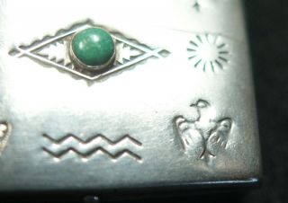 Vintage Navajo Sterling Silver & Turquoise Stampwork Pill Box W/ Thunderbirds 7