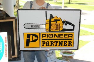 Vintage Pioneer Partner Chain Saws Saw Farm Tool Gas Oil 28 " Embossed Metal Sign