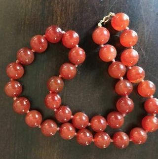 Vintage Old Chinese 14k Gold 11mm Big Red Carnelian Agate Ball Bead Necklace 18 "