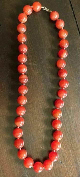 Vintage Old Chinese 14K Gold 11MM Big Red Carnelian Agate Ball Bead Necklace 18 